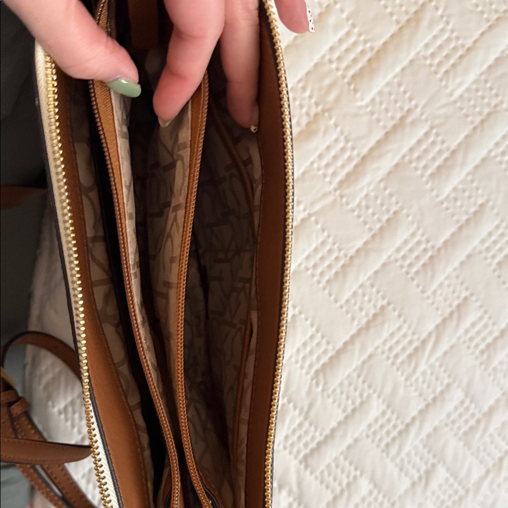 Calvin Klein Cream Monogram Chain Crossbody with Brown Strap - Picture 5 of 8